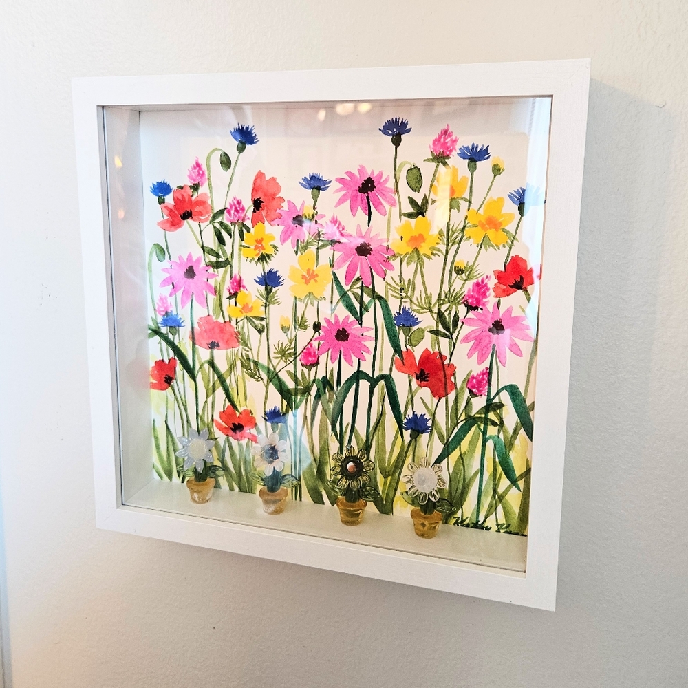 Pink orange blue Spring wildflowers watercolor painting shadow box wall art NWT